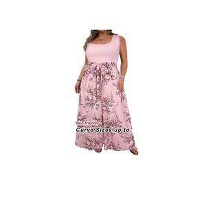 SHEIN Plus 6XL/24. Pink Floral Boho Casual/Vacation Wide Leg, Sleeveless